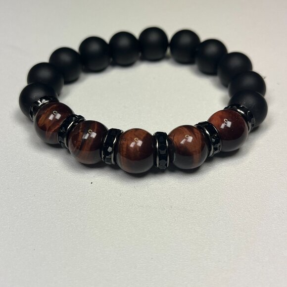 Men's Matt Onyx and Tigers Eye Stretch Beaded Bracelet - Picture 3 of 9